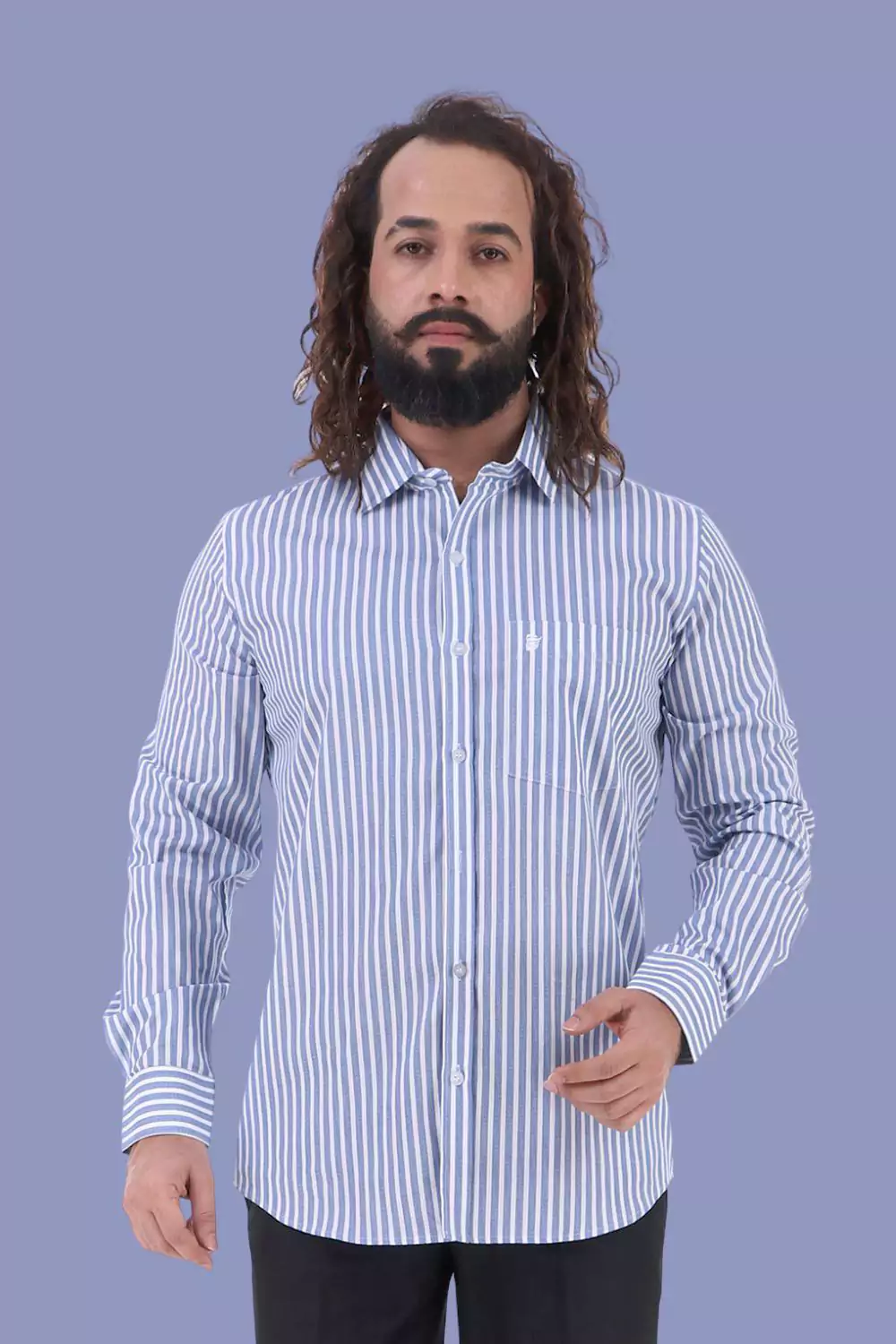 Blue & White Striped Slim-Fit Shirt
