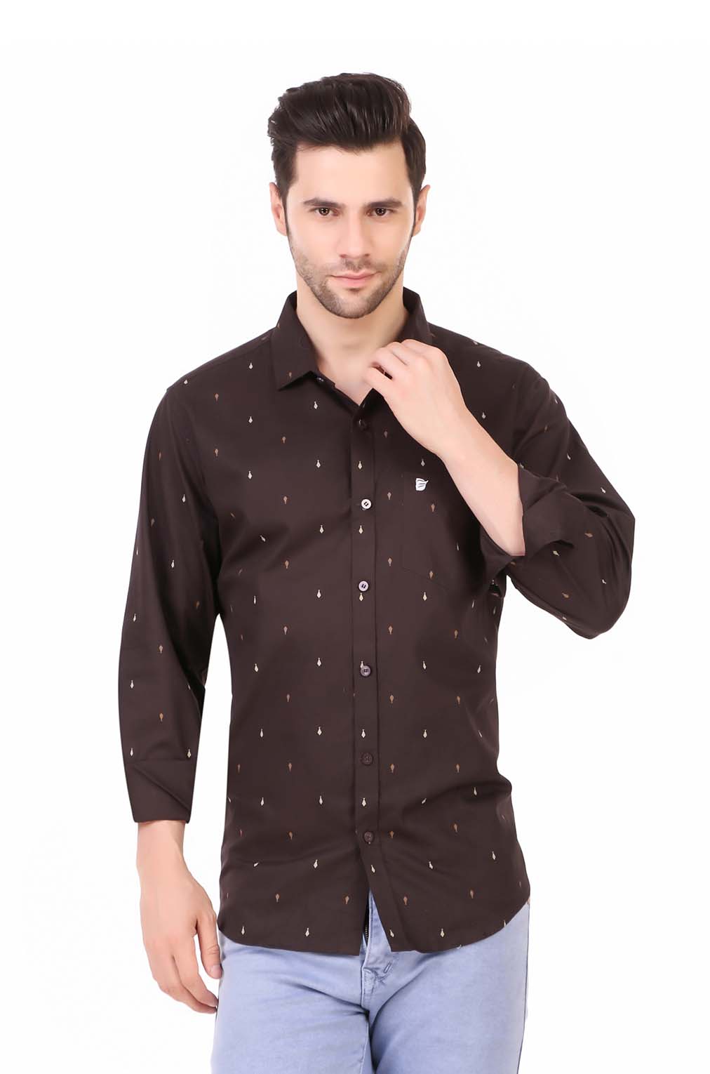 Men Brown Printed Slim Fit Formal Shirt