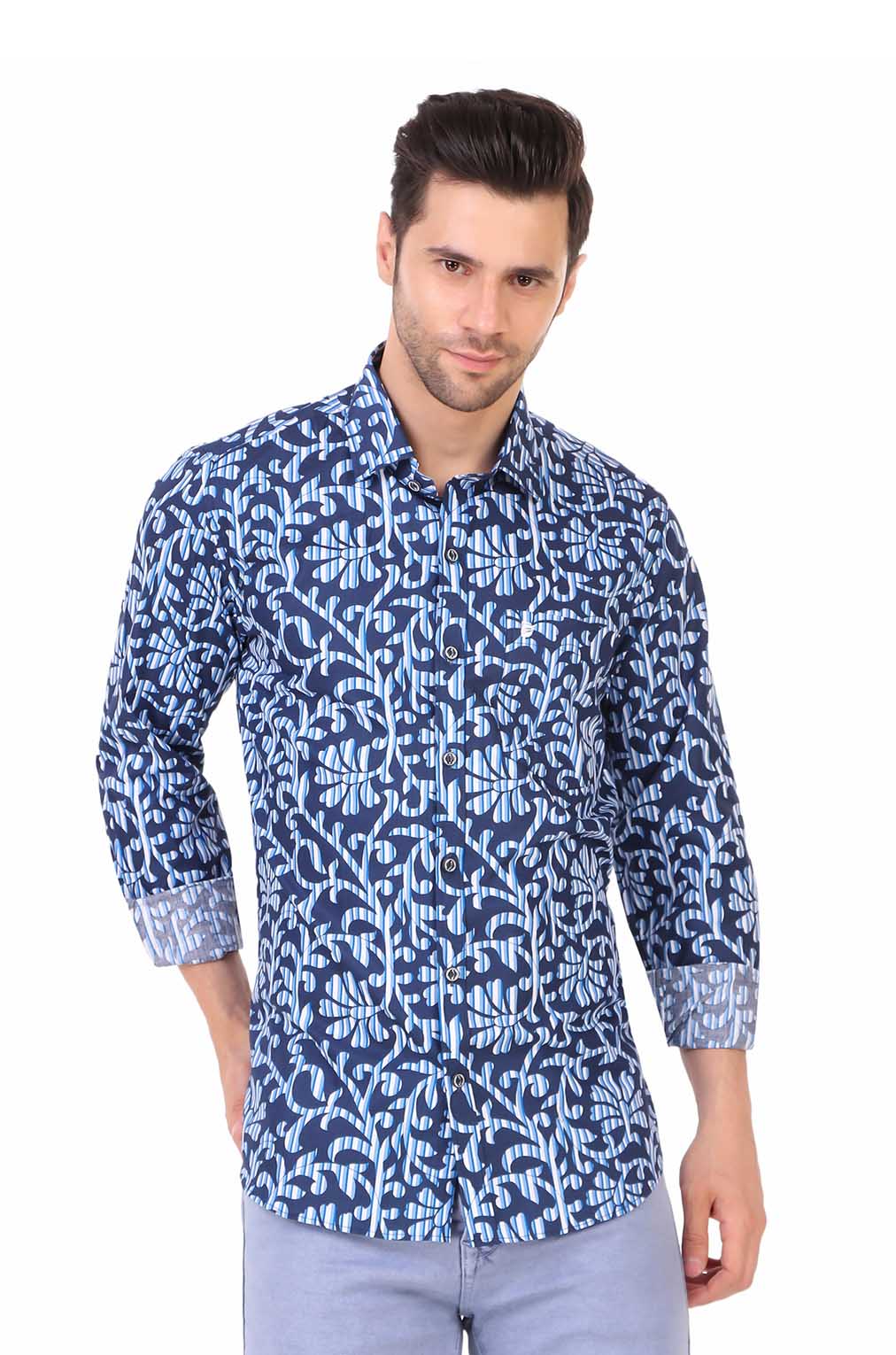 Men Blue Floral Slim Fit Formal Shirt