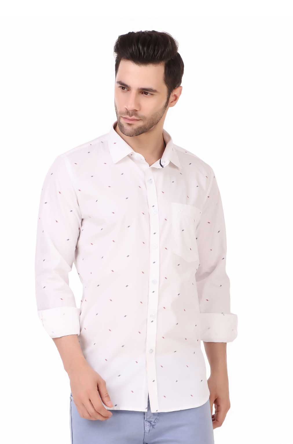 Men White Printed Slim Fit Formal Shirt