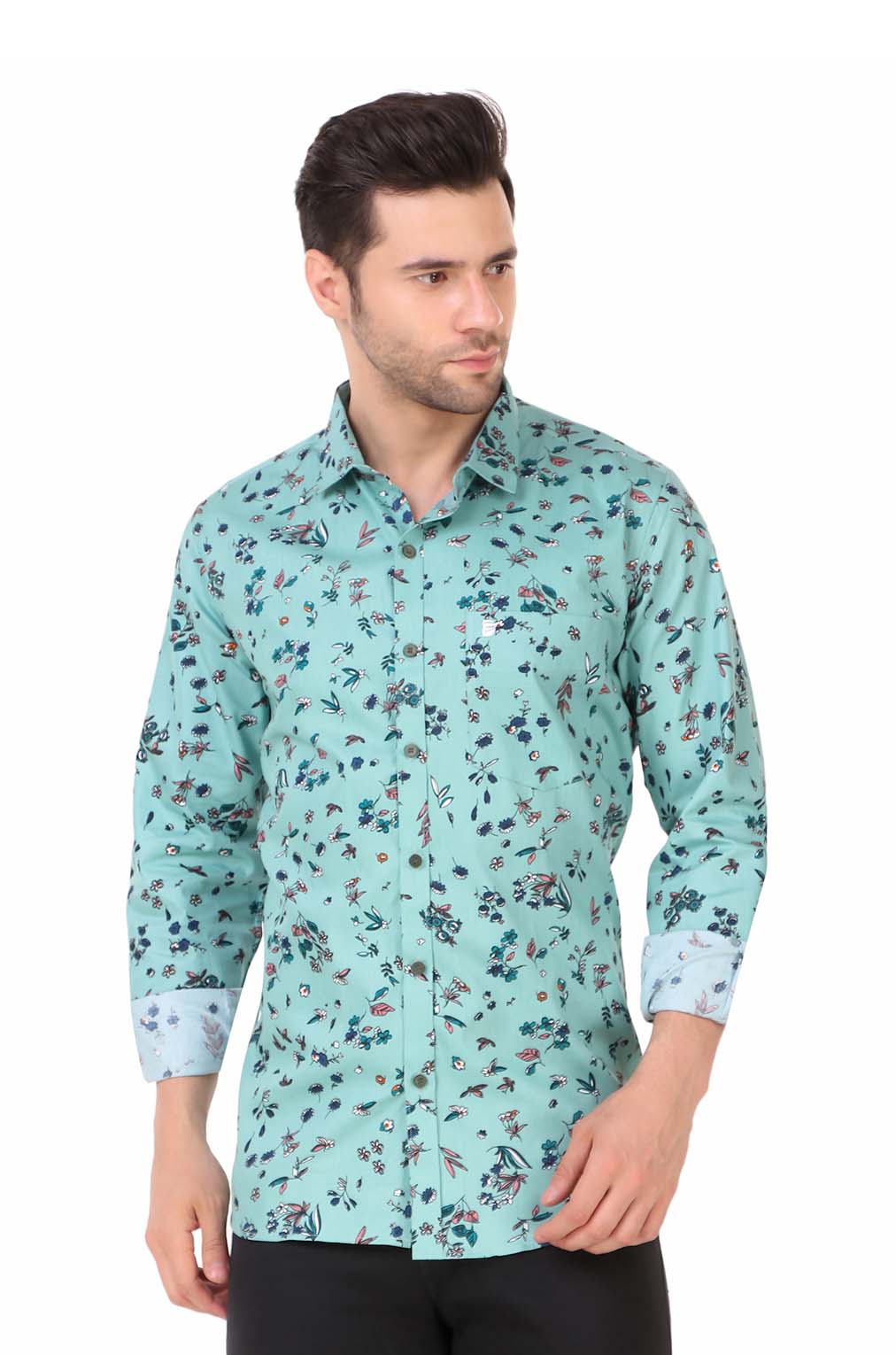 Men Aqua Green Floral Slim Fit Formal Shirt