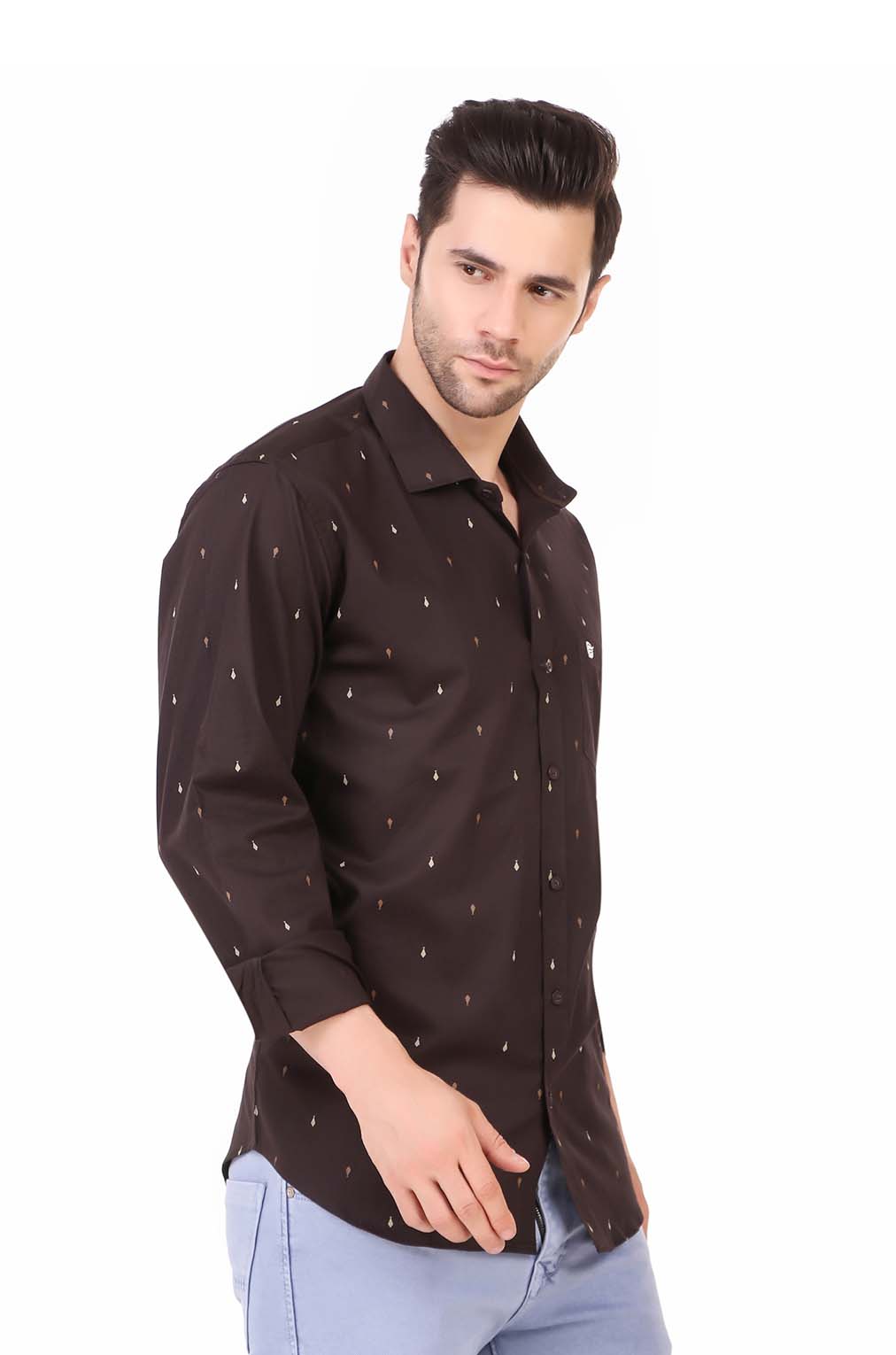 Men Brown Printed Slim Fit Formal Shirt