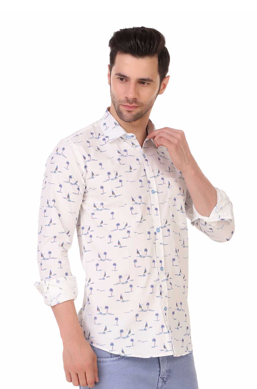 Men White Conversational Printed Slim Fit Formal Shirt