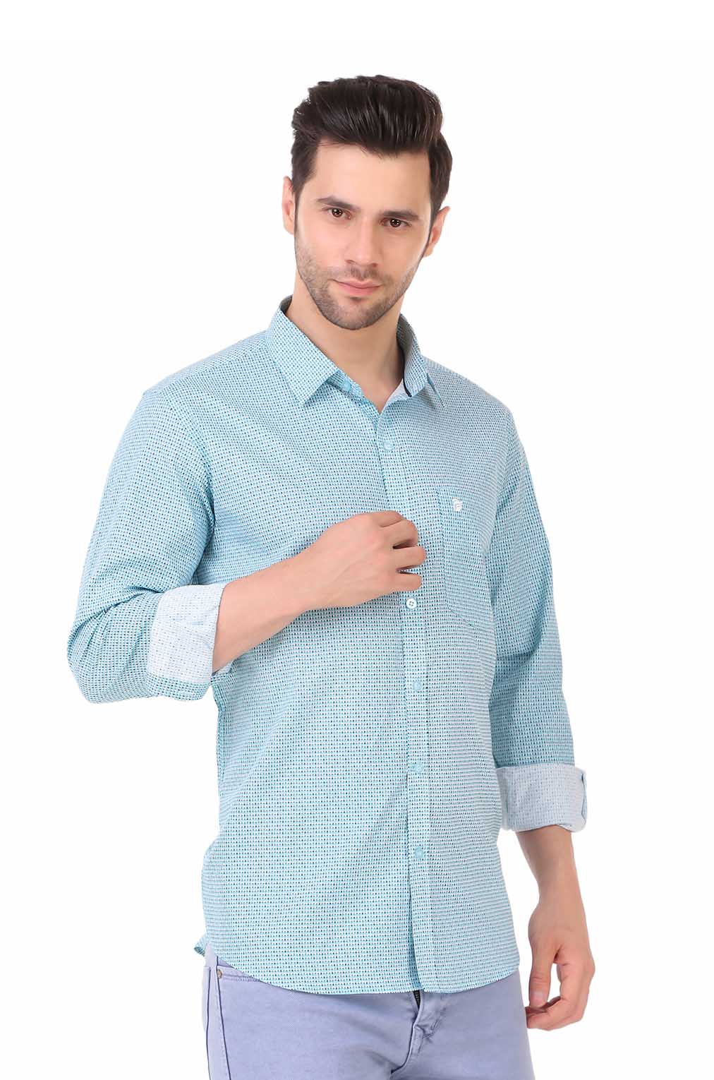 Sky Blue Printed Slim Fit Formal Shirt