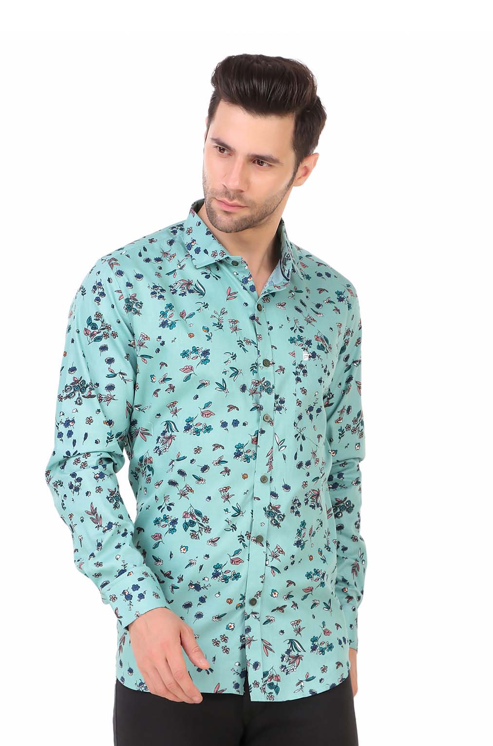 Men Aqua Green Floral Slim Fit Formal Shirt