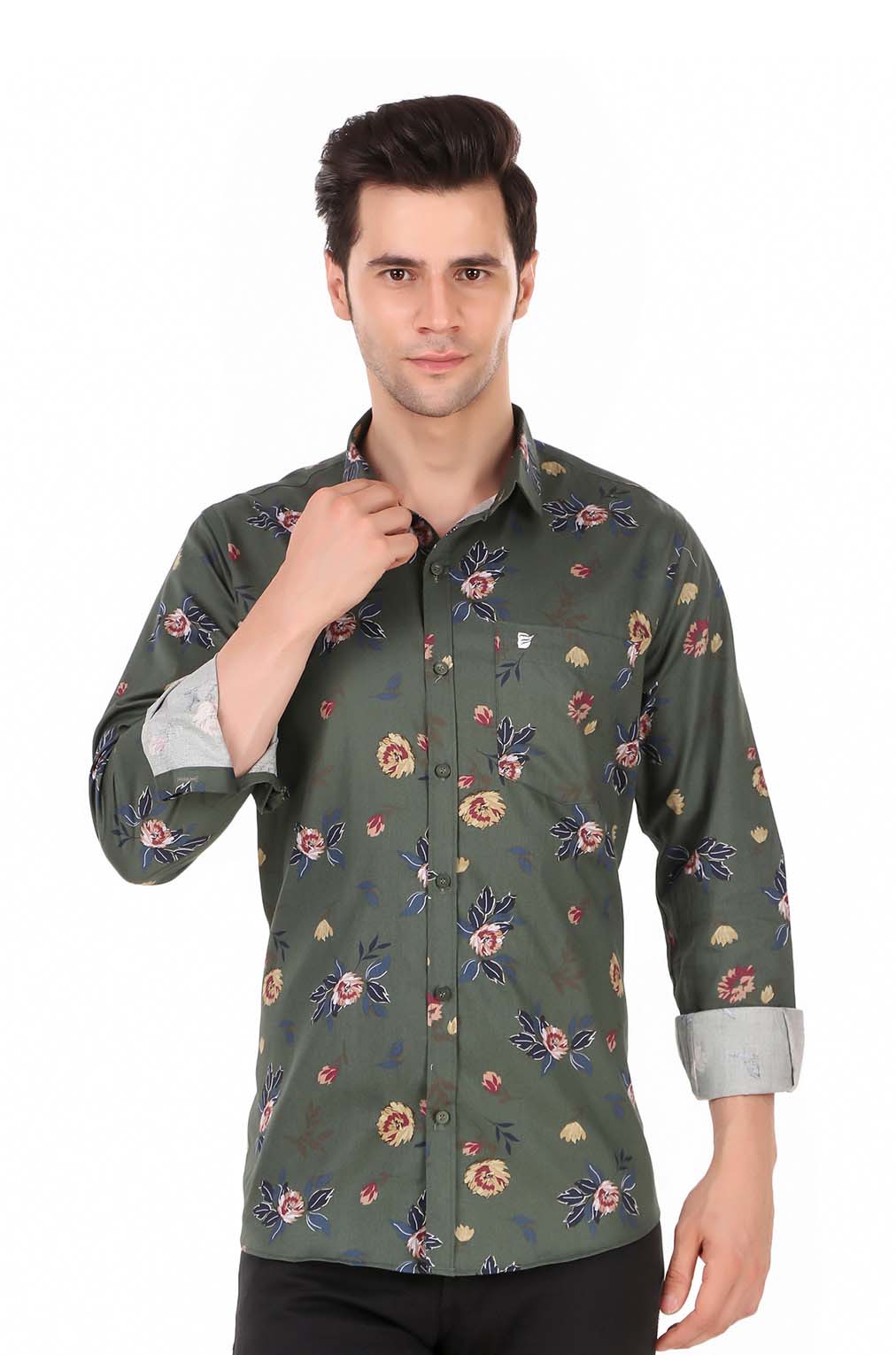 Men Green Floral Slim Fit Formal Shirt