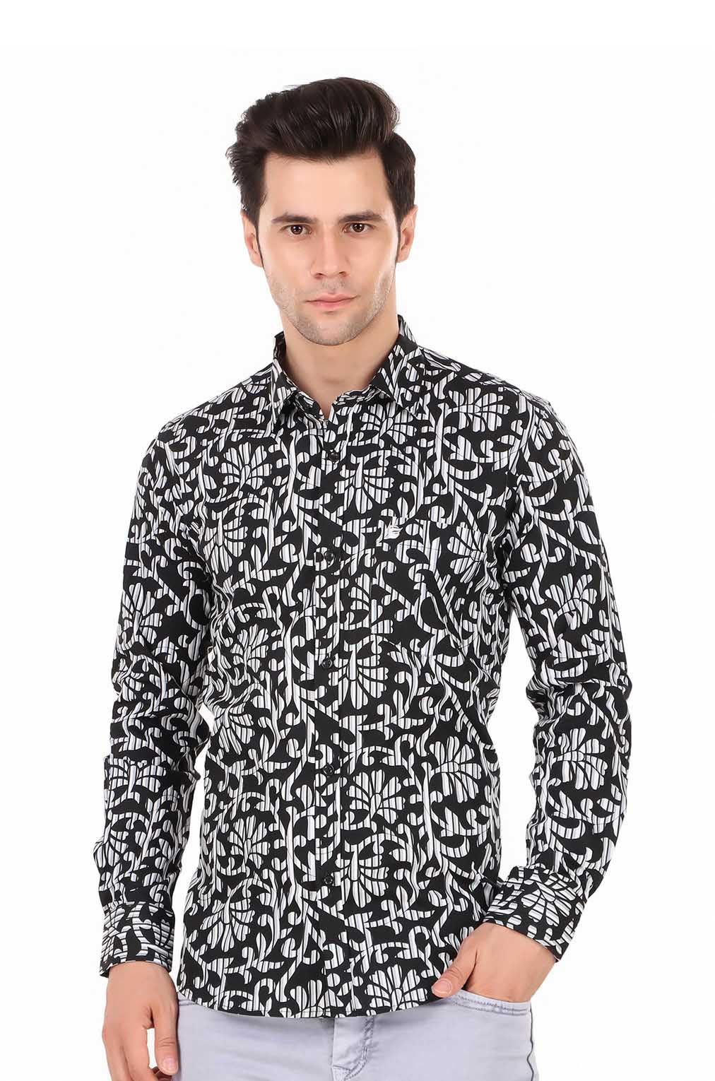 Men Black Floral Slim Fit Formal Shirt