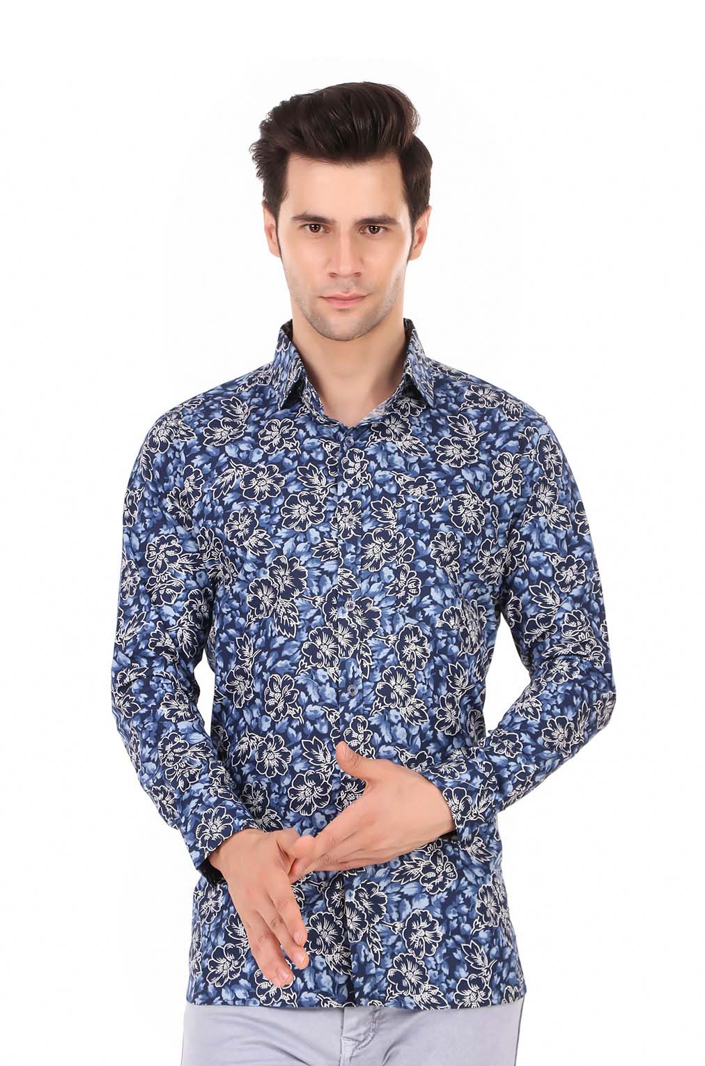 Men Blue Floral Slim Fit Formal Shirt