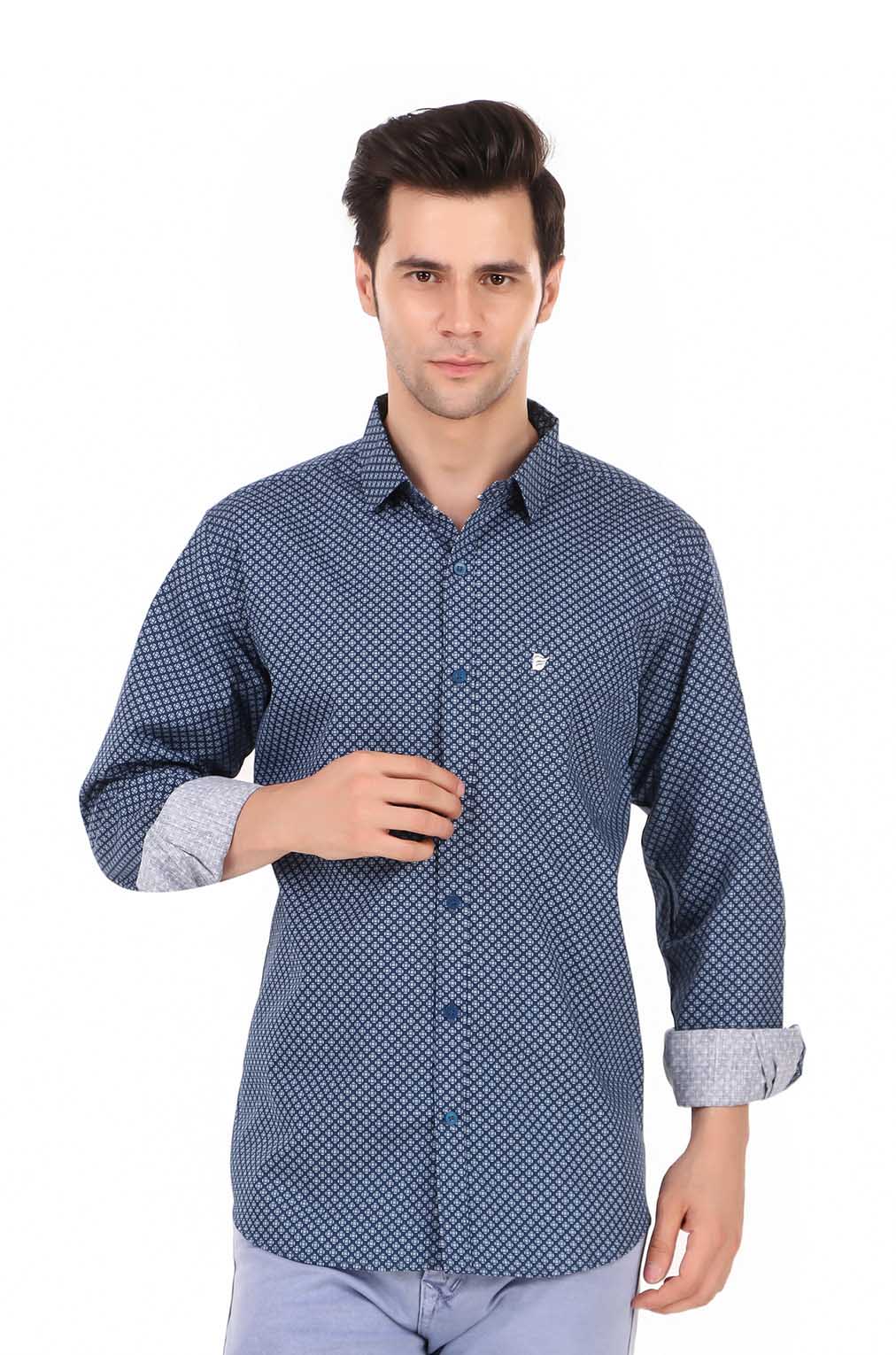 Men Navy Blue Printed Slim Fit Formal Shirt