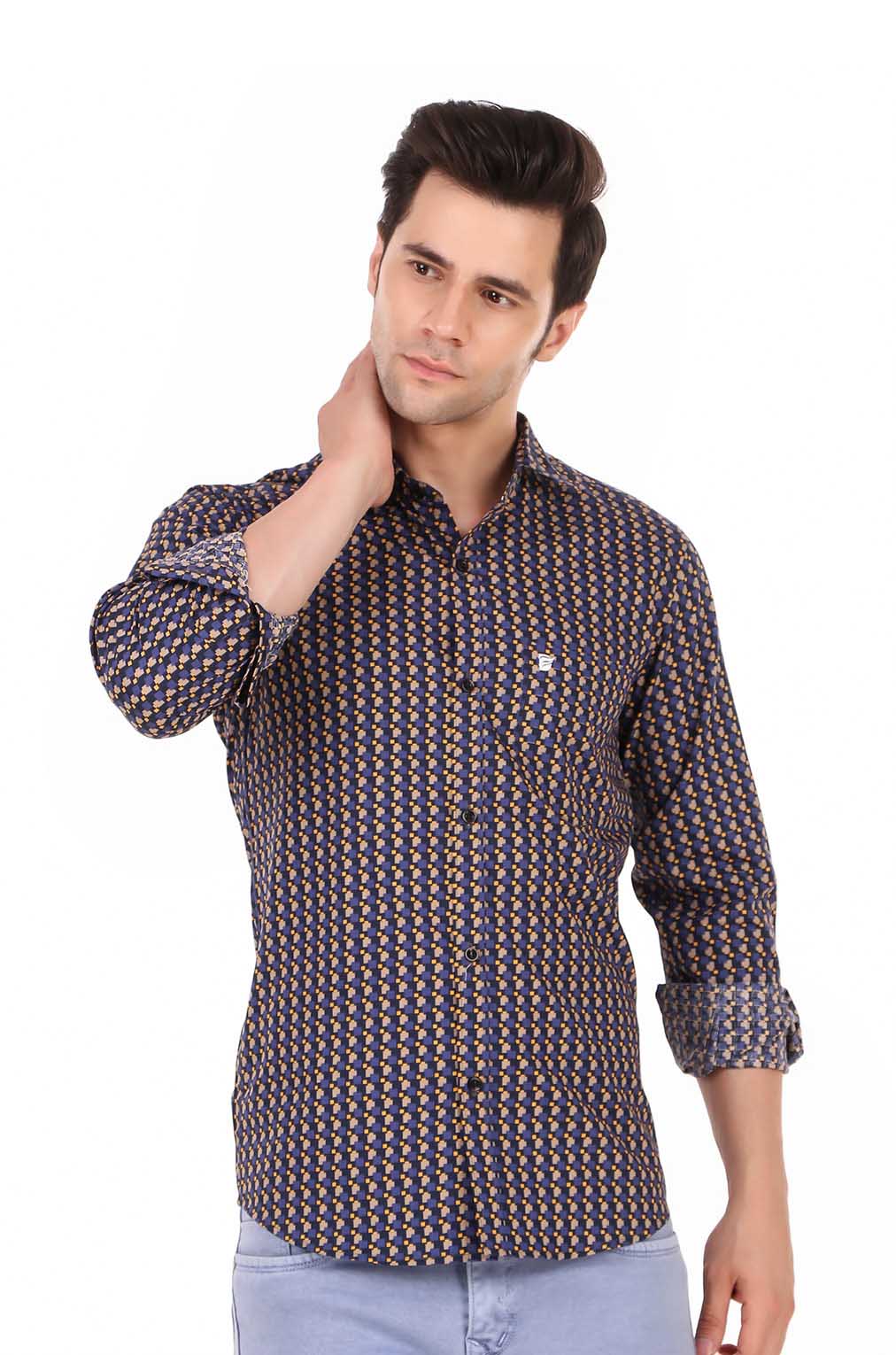 Men Blue Printed Slim Fit Formal Shirt