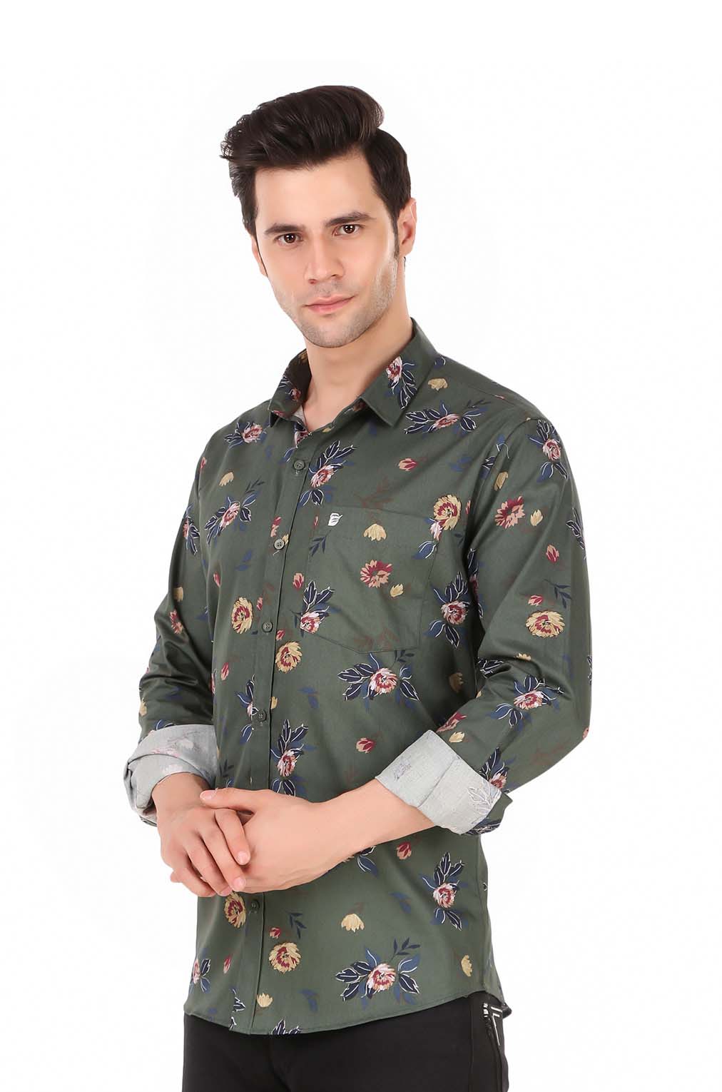 Men Green Floral Slim Fit Formal Shirt