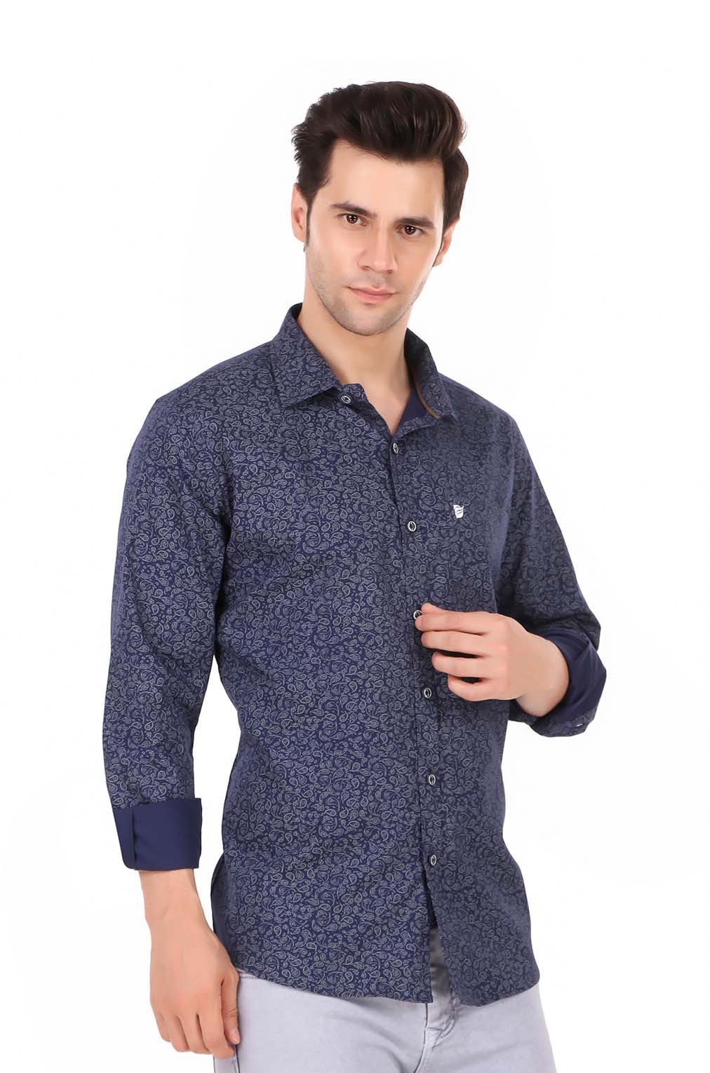 Men Conversational Navy Blue Printed Slim Fit Formal Shirt