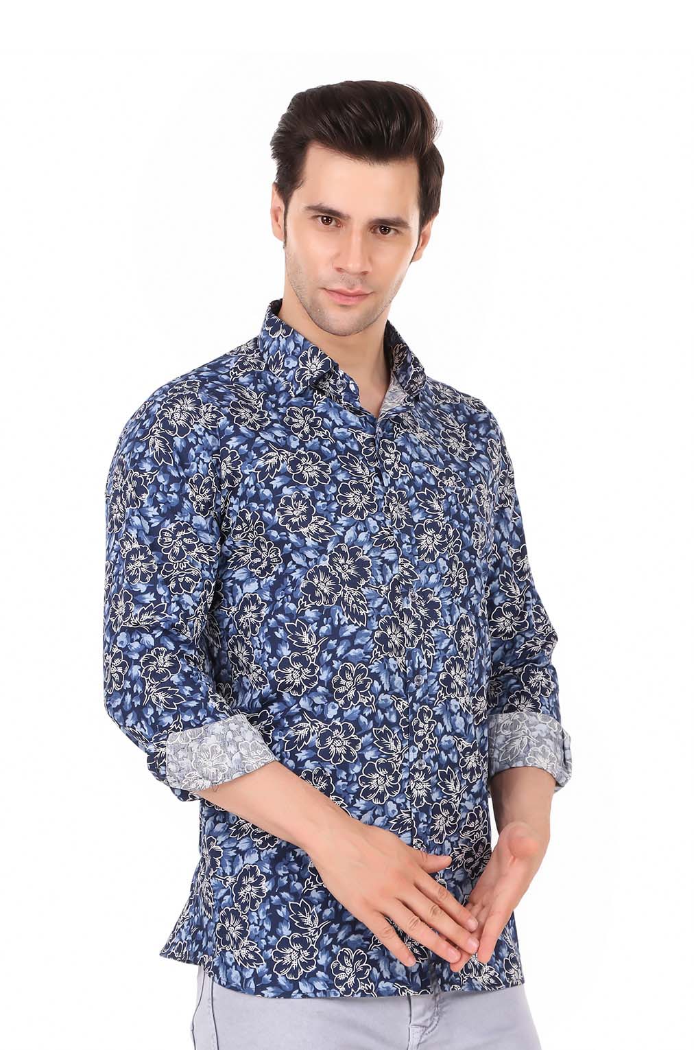 Men Blue Floral Slim Fit Formal Shirt