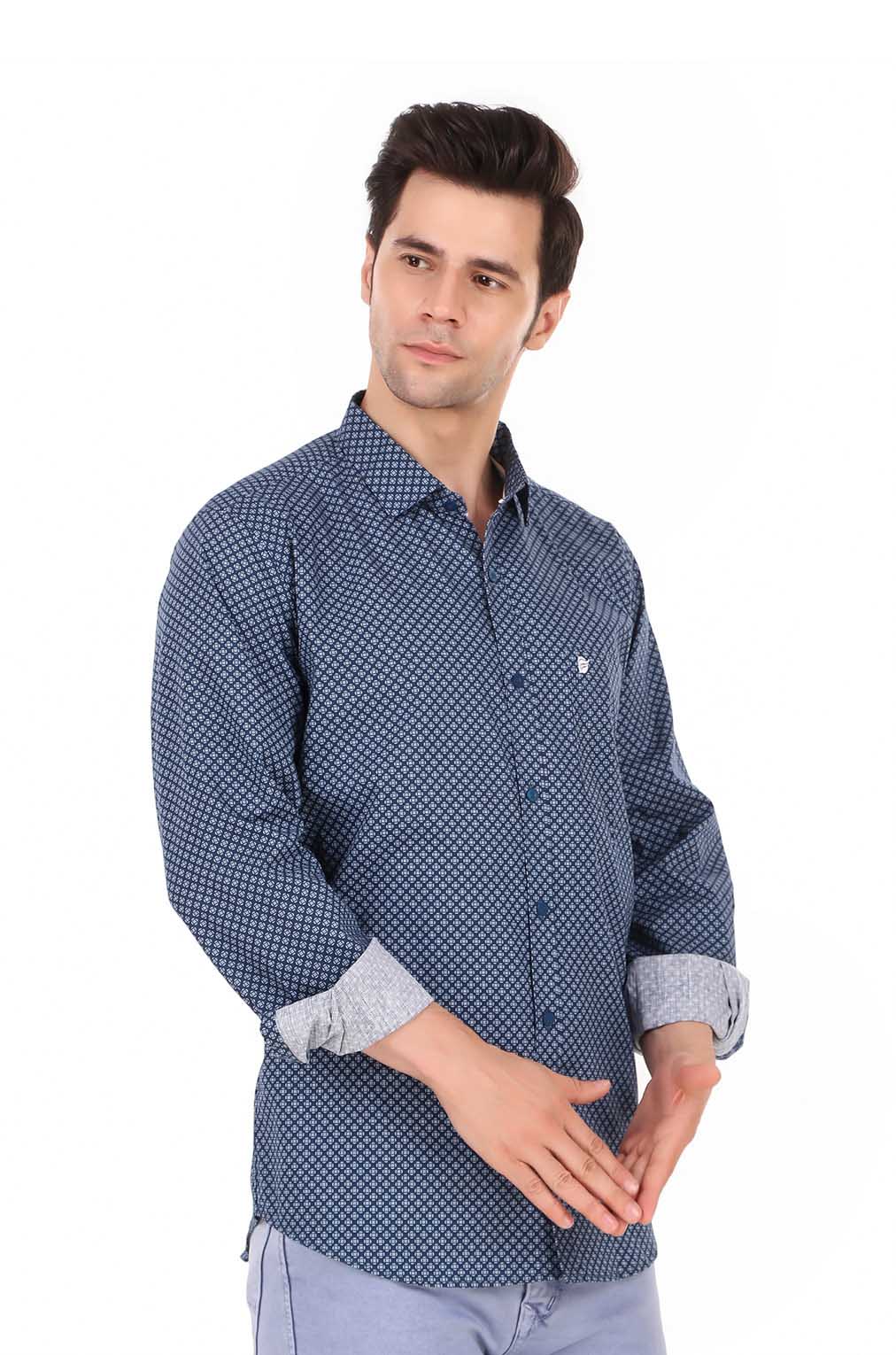 Men Navy Blue Printed Slim Fit Formal Shirt