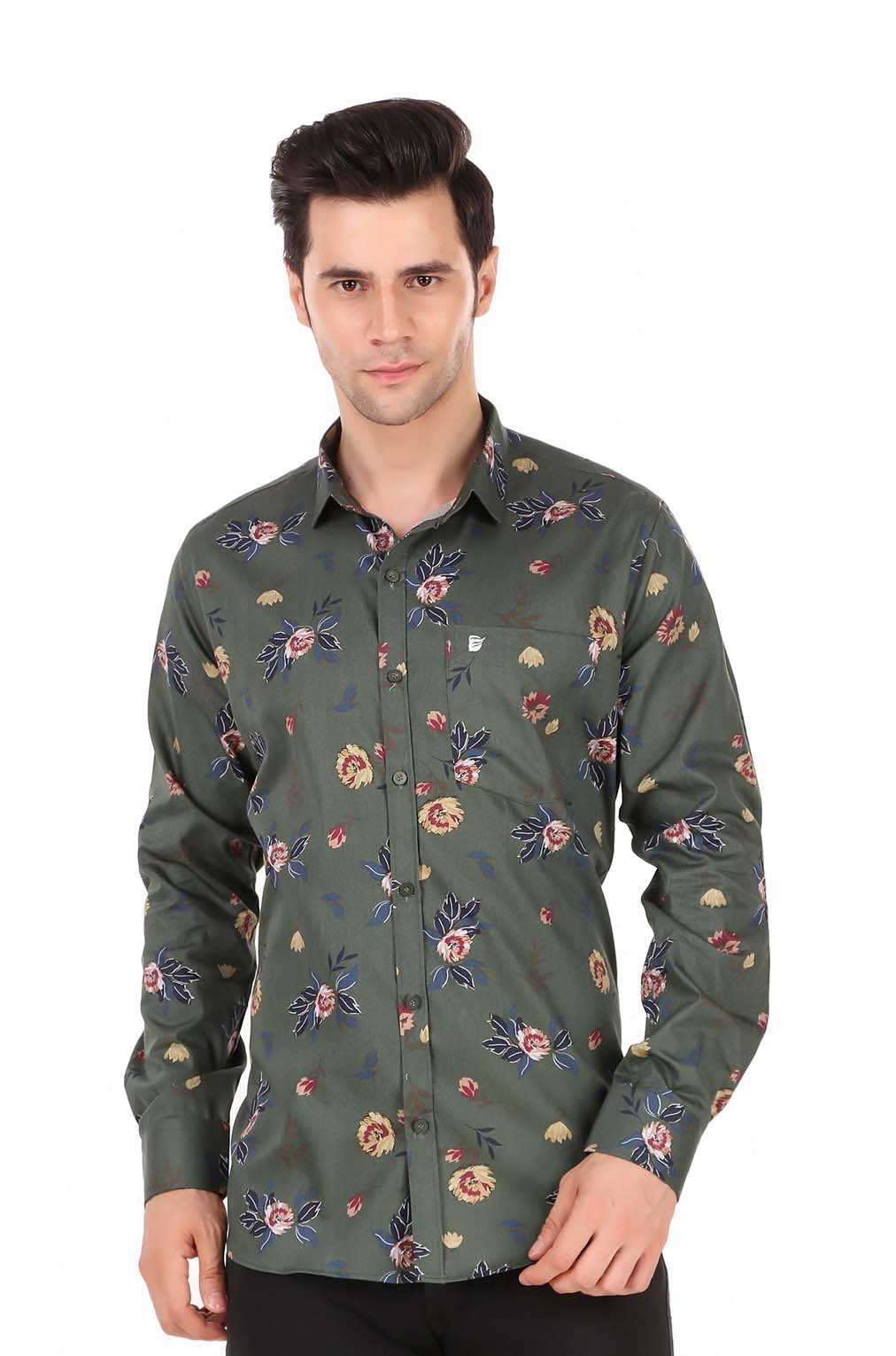 Men Green Floral Slim Fit Formal Shirt