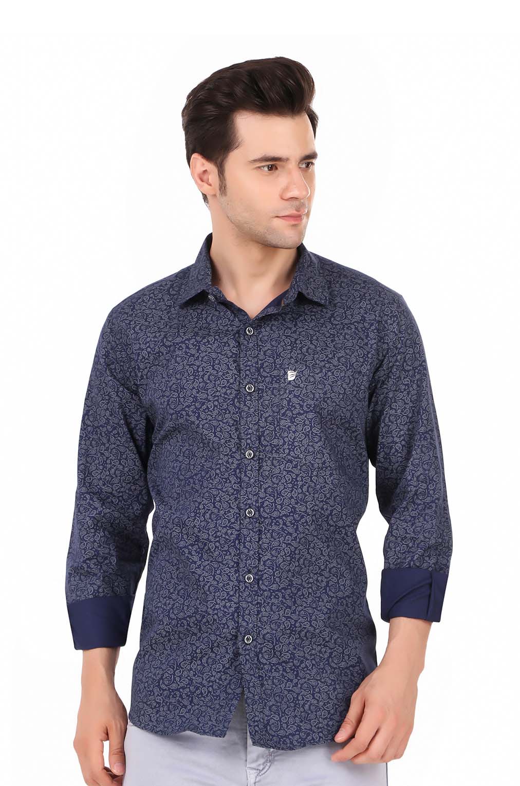 Men Conversational Navy Blue Printed Slim Fit Formal Shirt