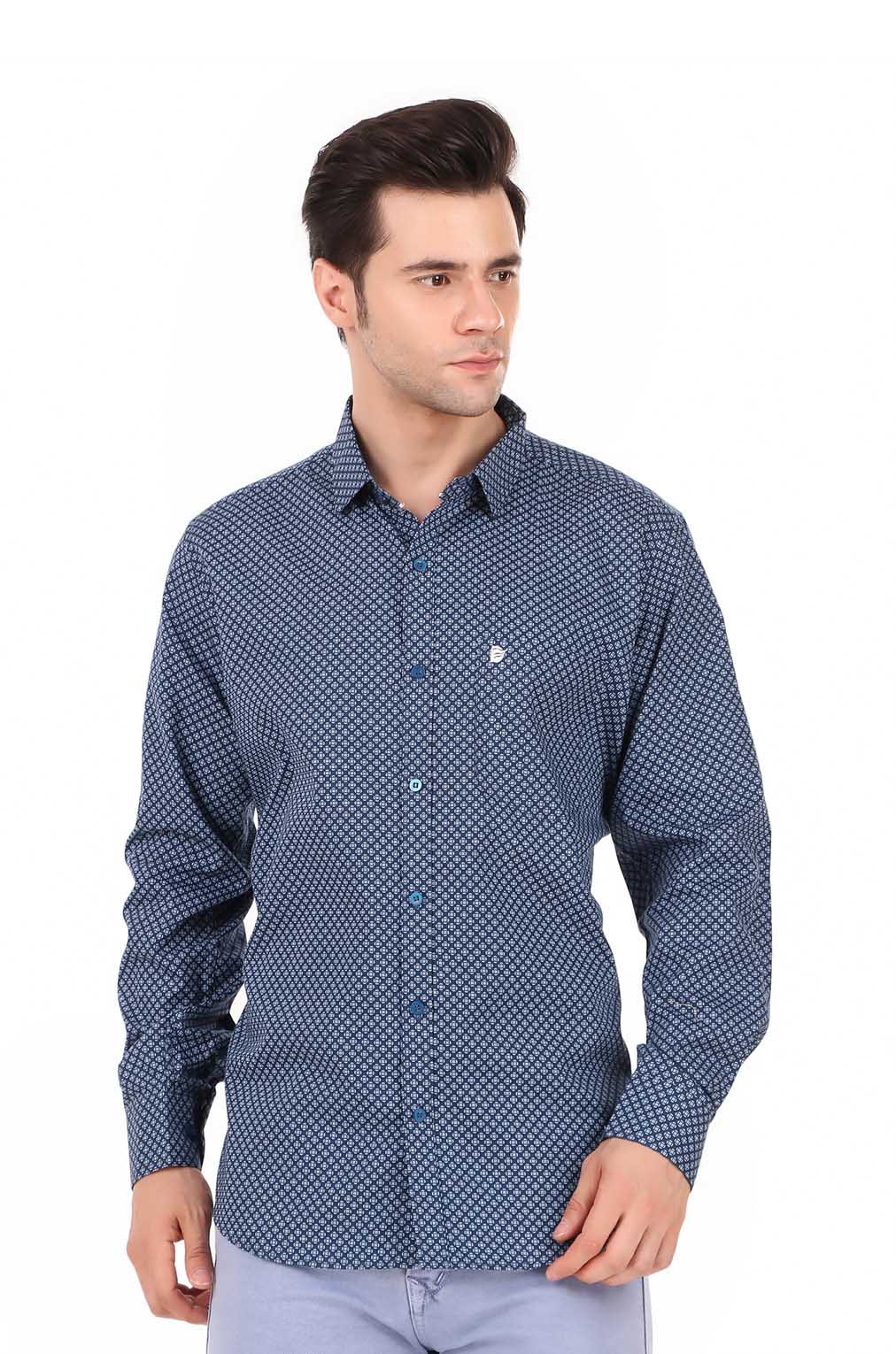 Men Navy Blue Printed Slim Fit Formal Shirt