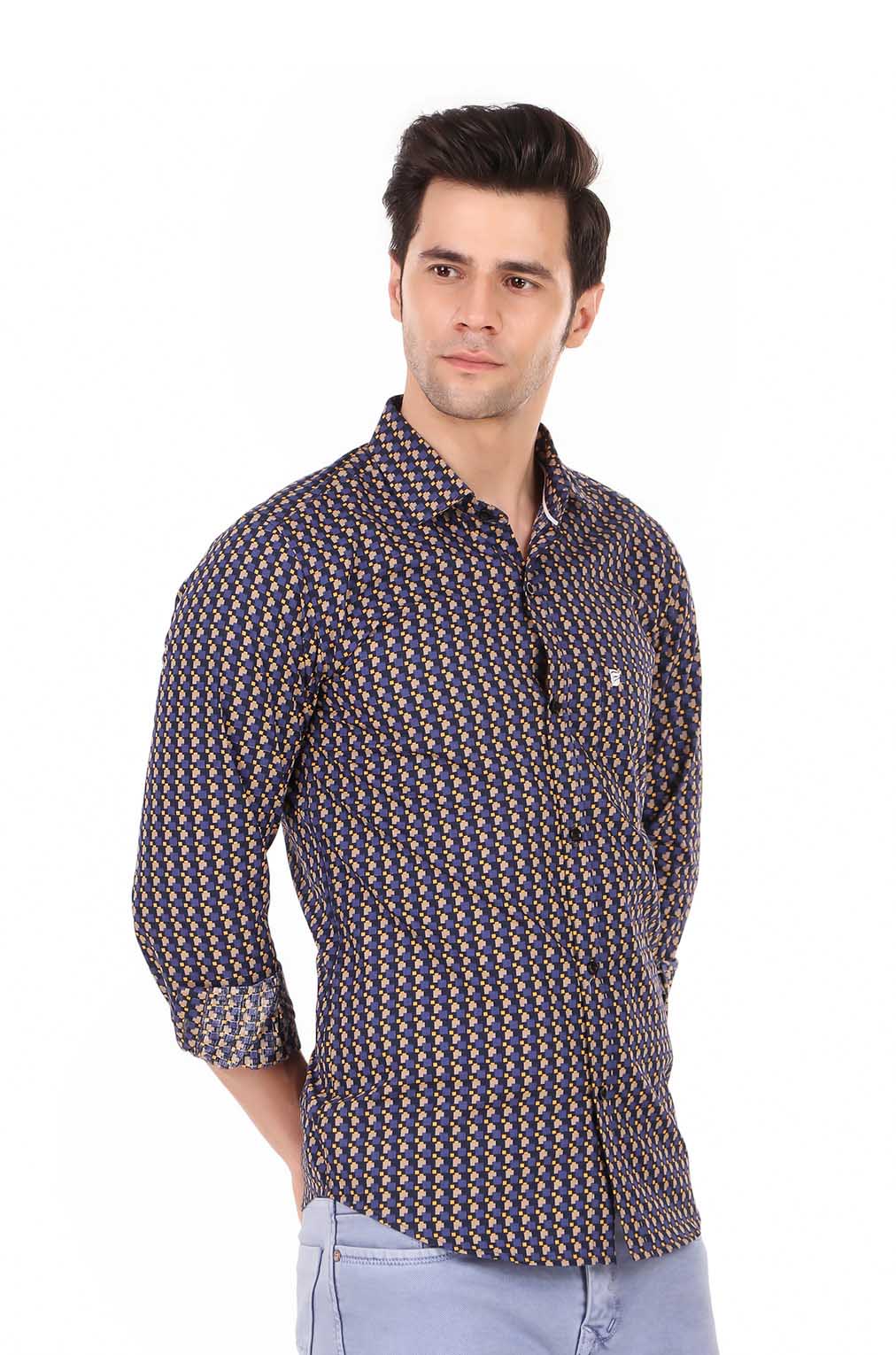 Men Blue Printed Slim Fit Formal Shirt