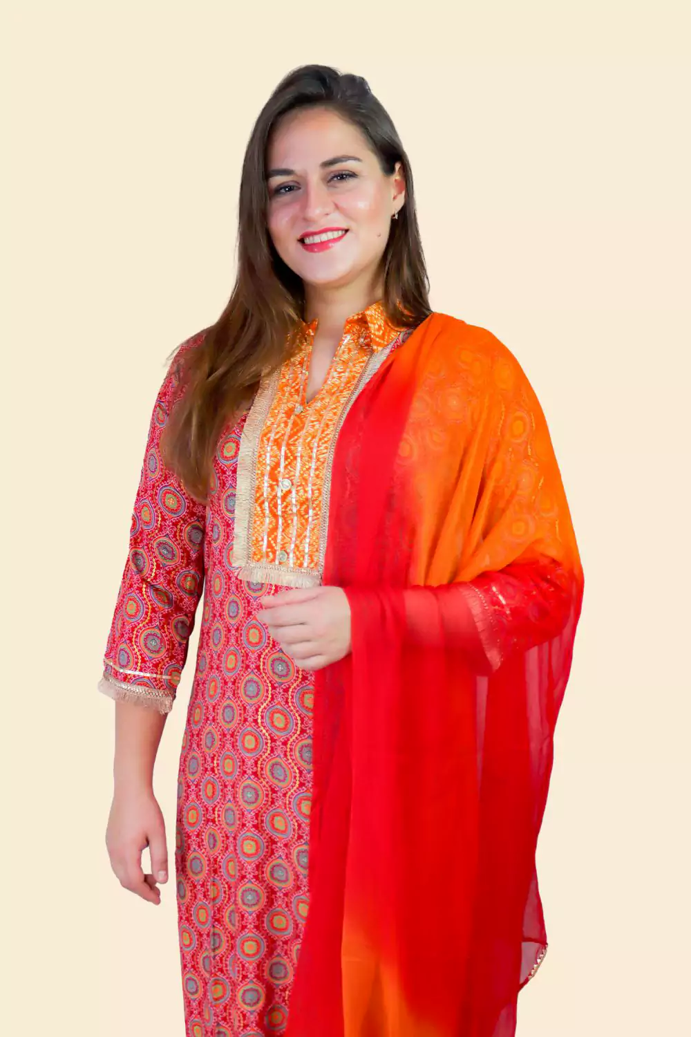 Women’s Red & yellow Rayon Casual Regular Ethnic Wear Suit Set With Dupatta