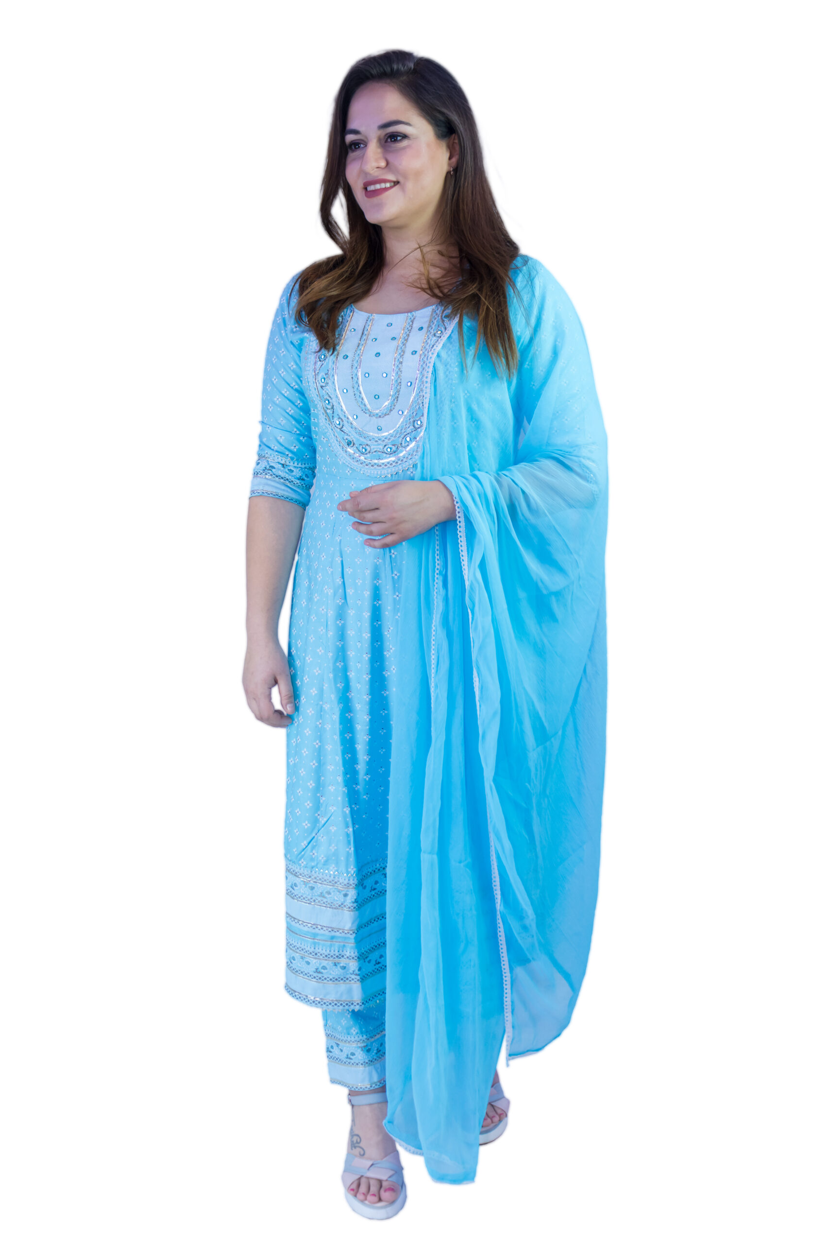 Women’s Rayon Casual Regular Ethnic Wear Sky Blue Suit Set With Dupatta