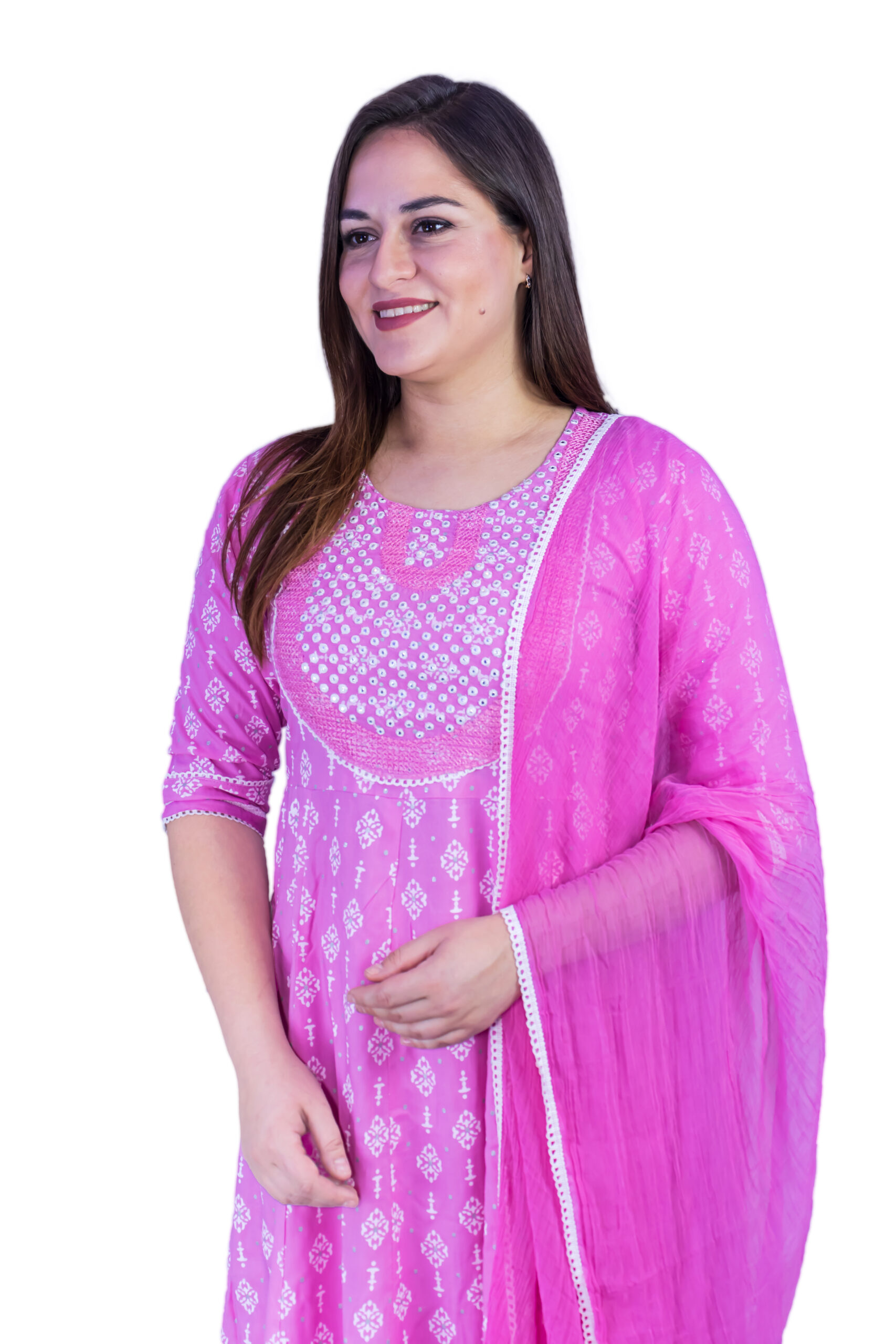 Pink Women’s Rayon Print Casual Regular Ethnic Wear Suit Set With Dupatta