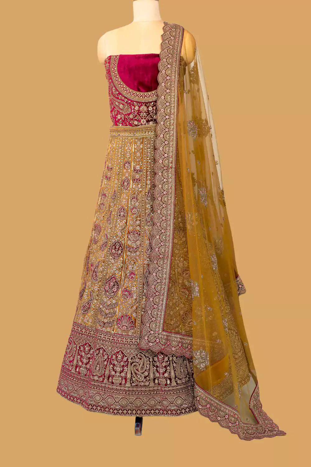 Mustard Yellow and Maroon Lehenga