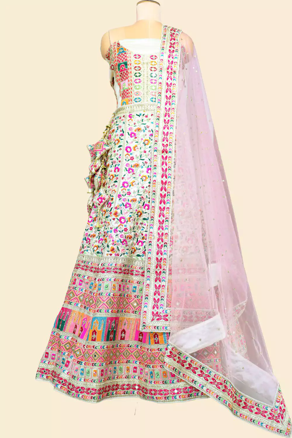 Off-White Floral Embroidered Lehenga