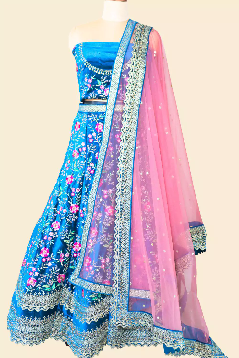 Blue Floral Silk Bridal Lehenga Choli | Ethnic Plus