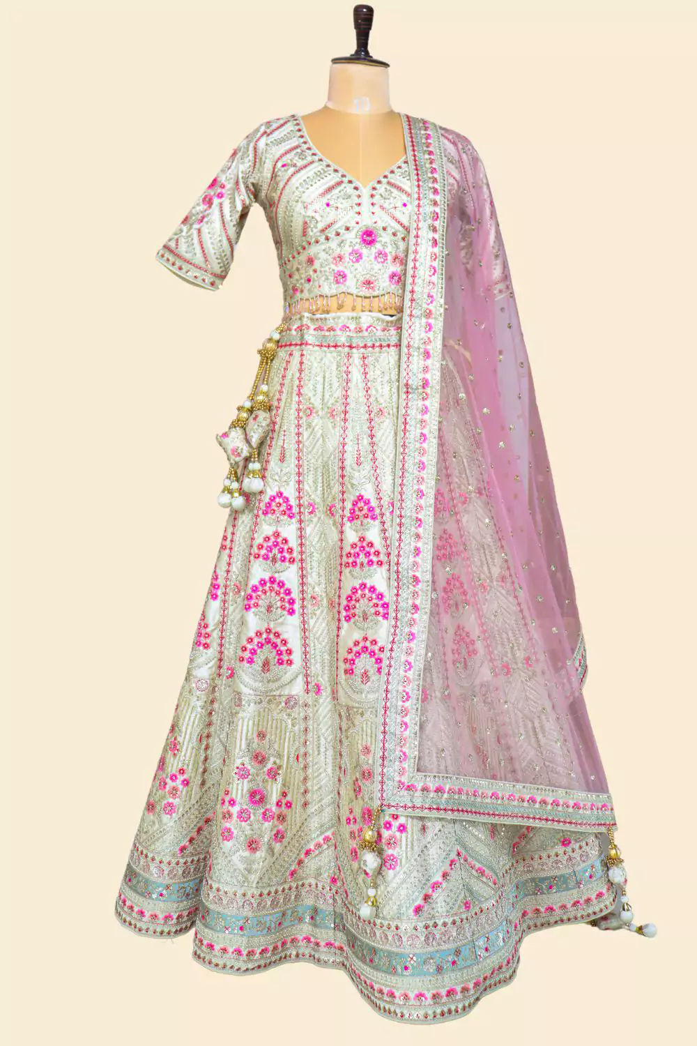 Off-White and Pink Embroidered Lehenga