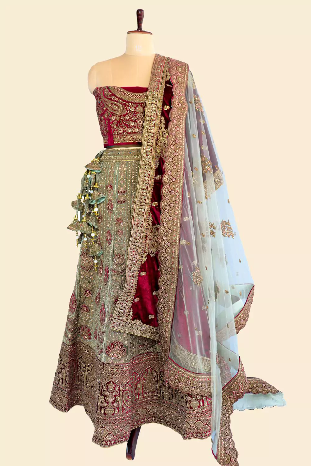 Scarlet Red and Dusky Green Lehenga