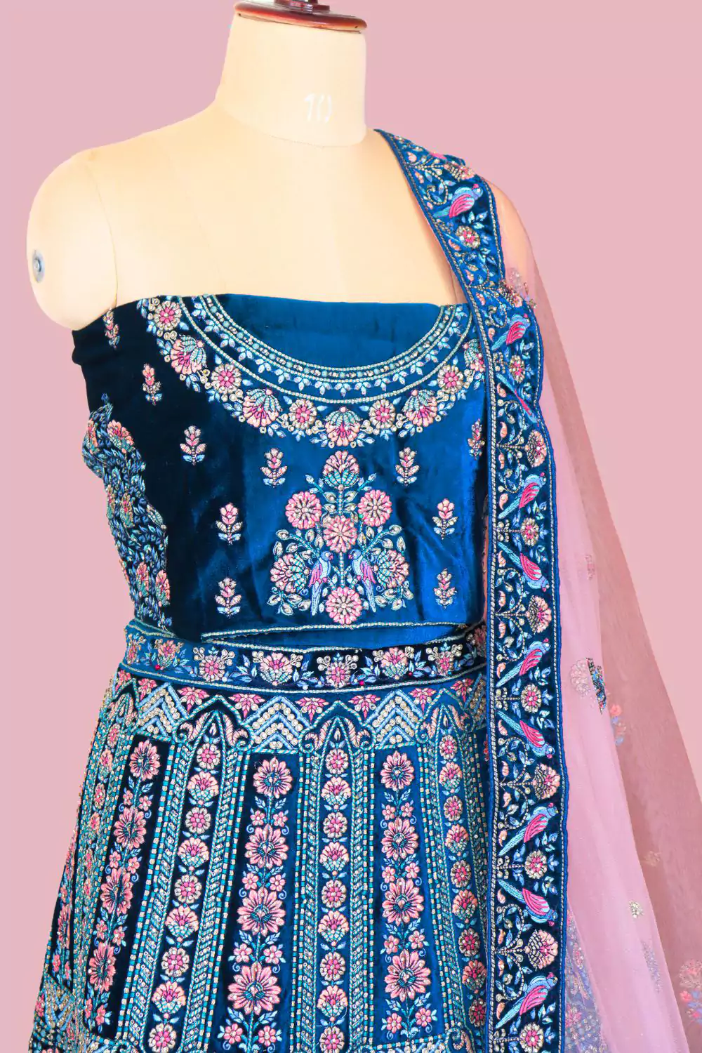 Navy Blue Velvet Embroidered Lehenga Set