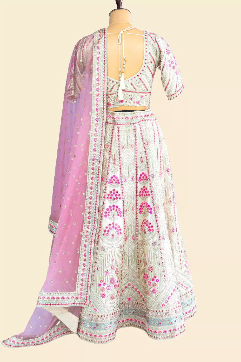 Off-White and Pink Embroidered Lehenga