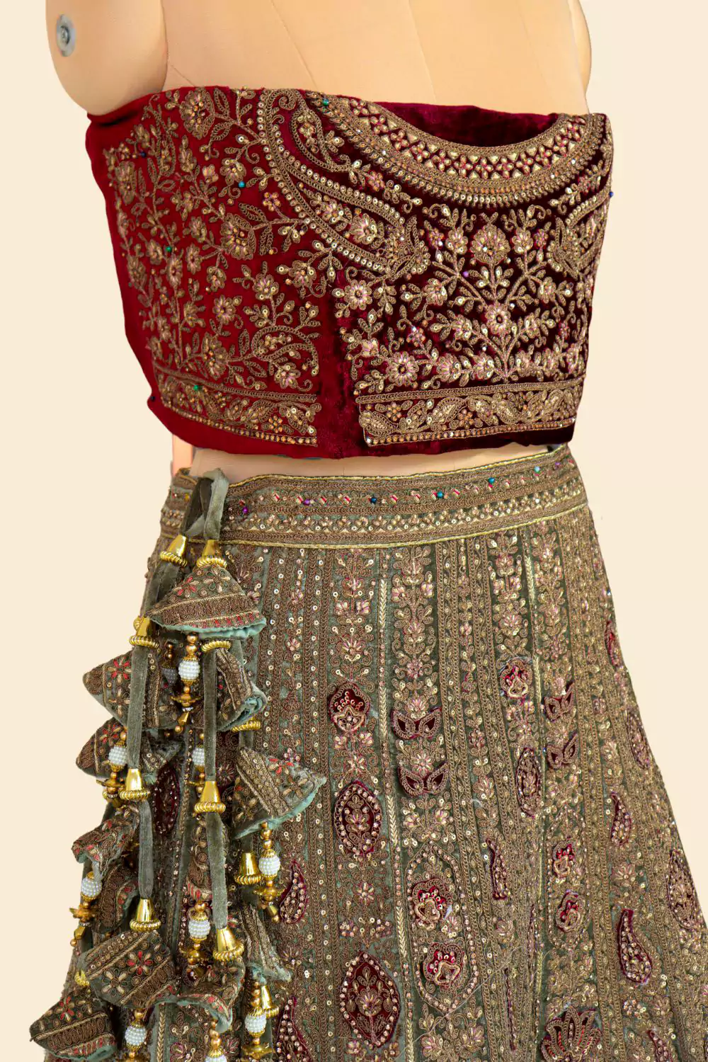 Scarlet Red and Dusky Green Lehenga