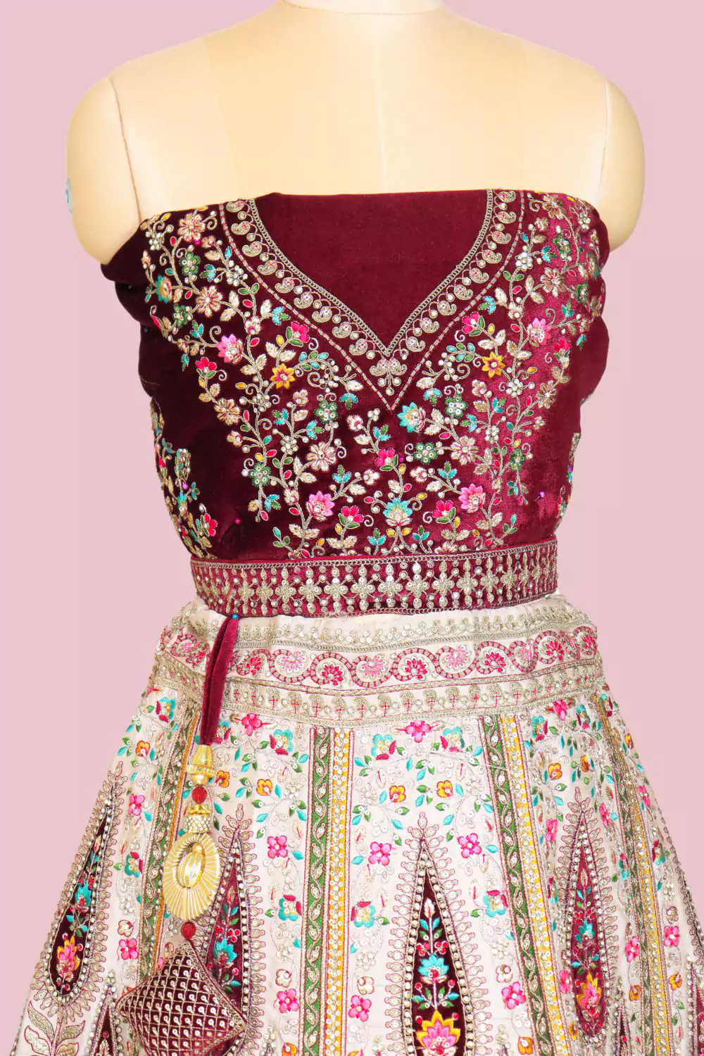 Off-White & Maroon Patterned Lehenga Set