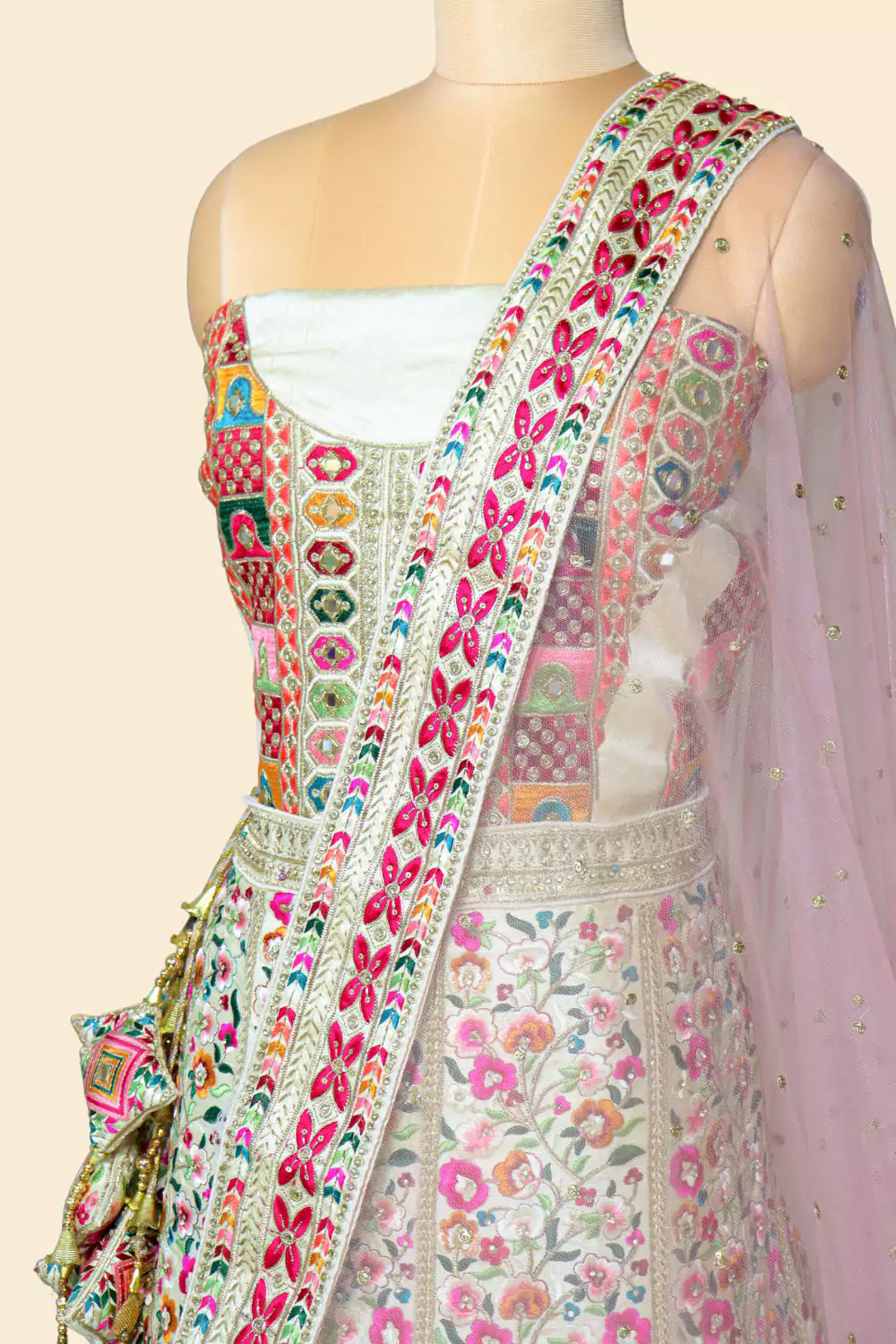 Off-White Floral Embroidered Lehenga