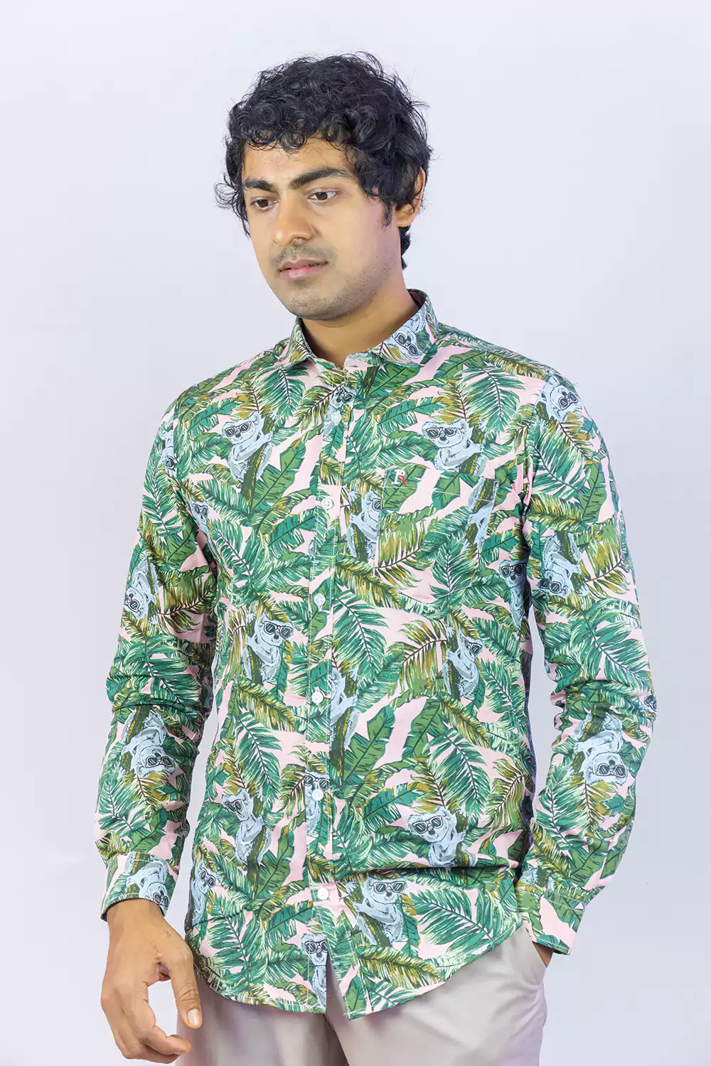 Peach & Green Foliage Printed Shirt