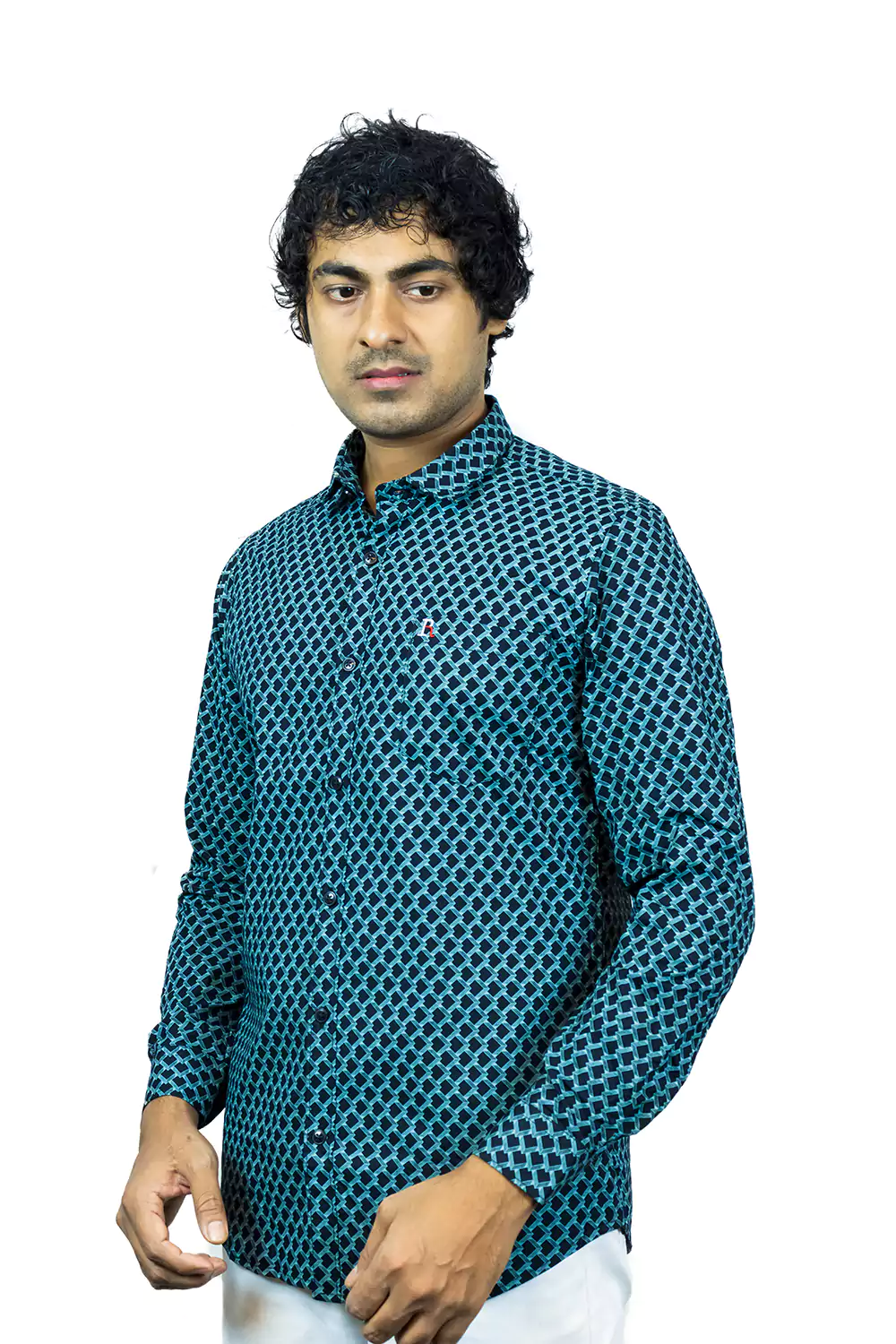 Teal Blue Geometric Patterned Shirt
