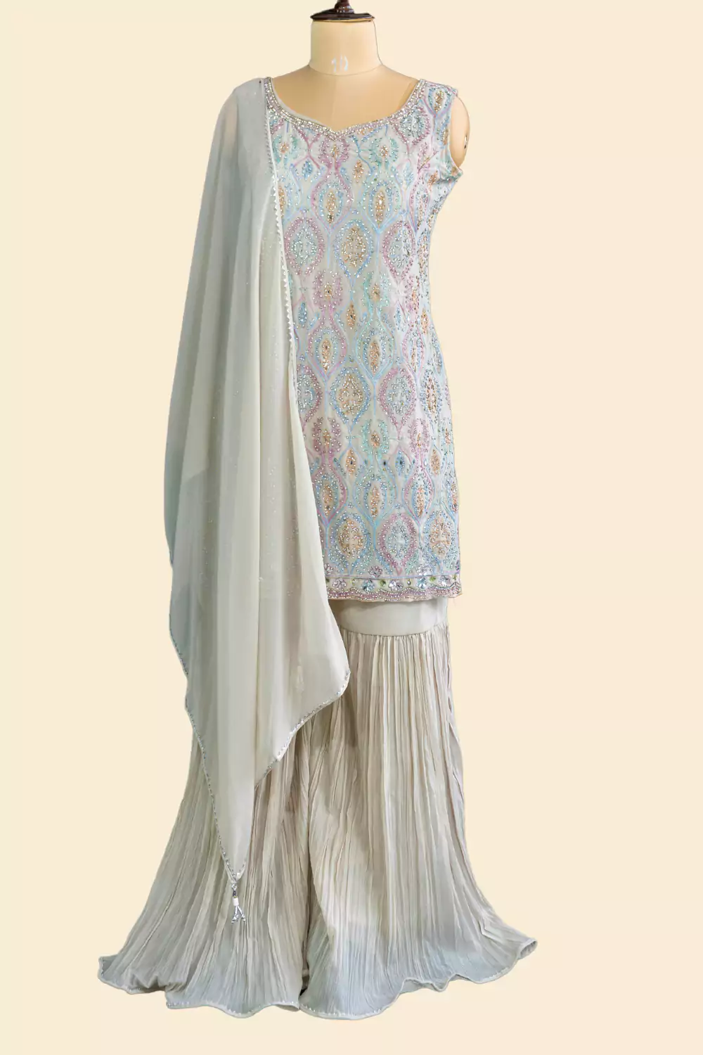 Beige Embellished Sharara Suit Set