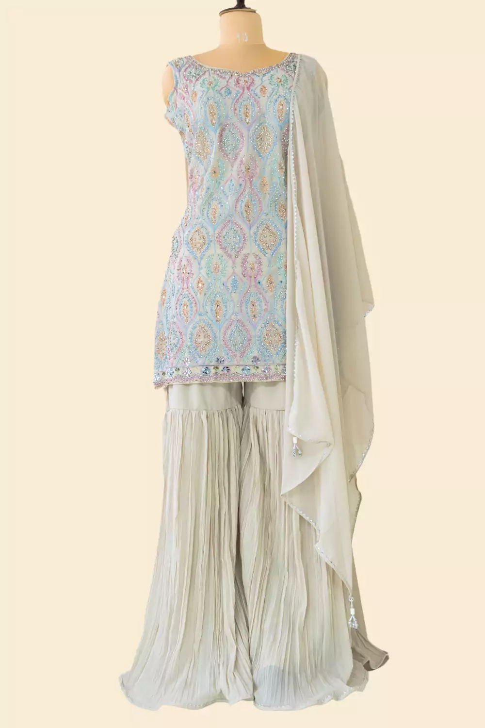 Beige Embellished Sharara Suit Set