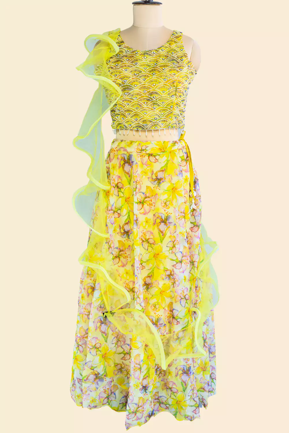 Lime Yellow Floral Printed Lehenga